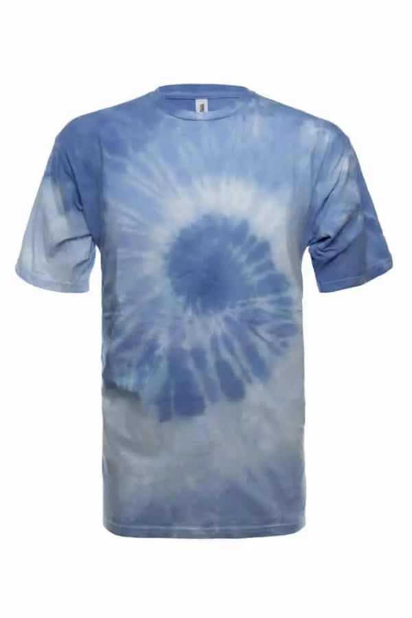 SpectraUSA Sky Multi Spiral Tie-Dye T-shirt featuring vibrant spiral patterns on front, casual and colorful tee.