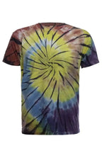 Colorful rainbow spiral tie-dye tee shirt by SpectraUSA, front view showing vibrant, swirling pattern on soft cotton fabric.