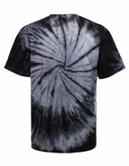 Back view of SpectraUSA Shadow Spiral Tie Dye T-shirt featuring a dark spiral pattern on soft cotton fabric.