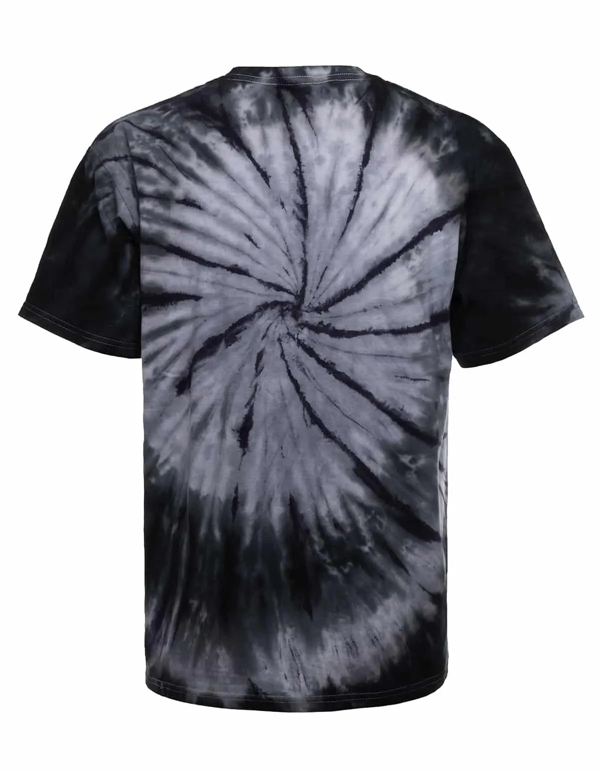Back view of SpectraUSA Shadow Spiral Tie Dye T-shirt featuring a dark spiral pattern on soft cotton fabric.