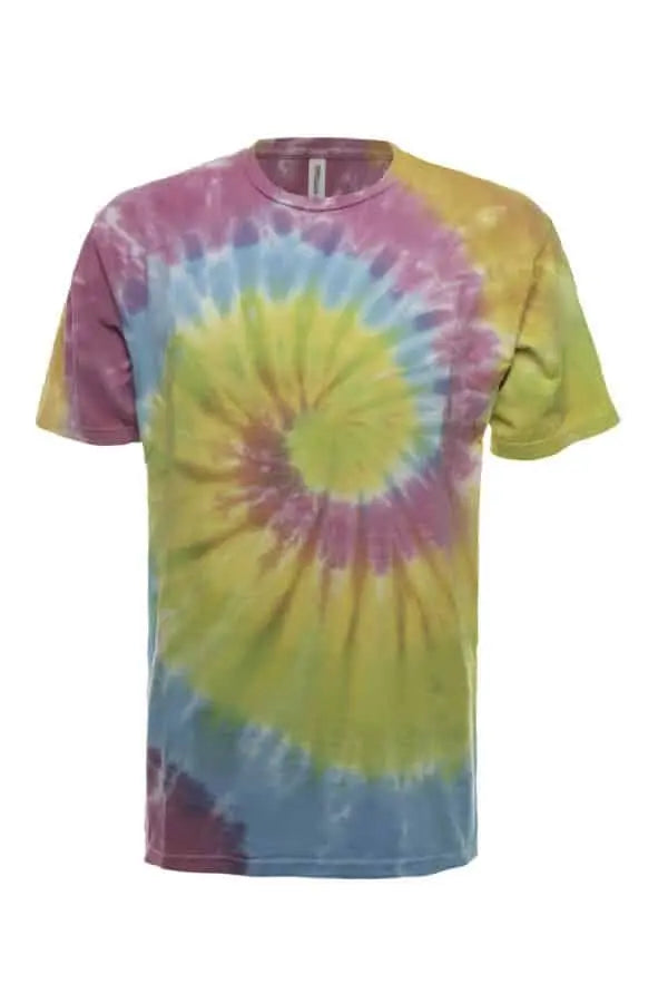 SpectraUSA classic spiral tie-dye T-shirt featuring a vibrant, swirling pattern on a casual unisex tee.