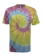 SpectraUSA classic spiral tie-dye tee shirt with vibrant multicolor spiral design, front view on white background.