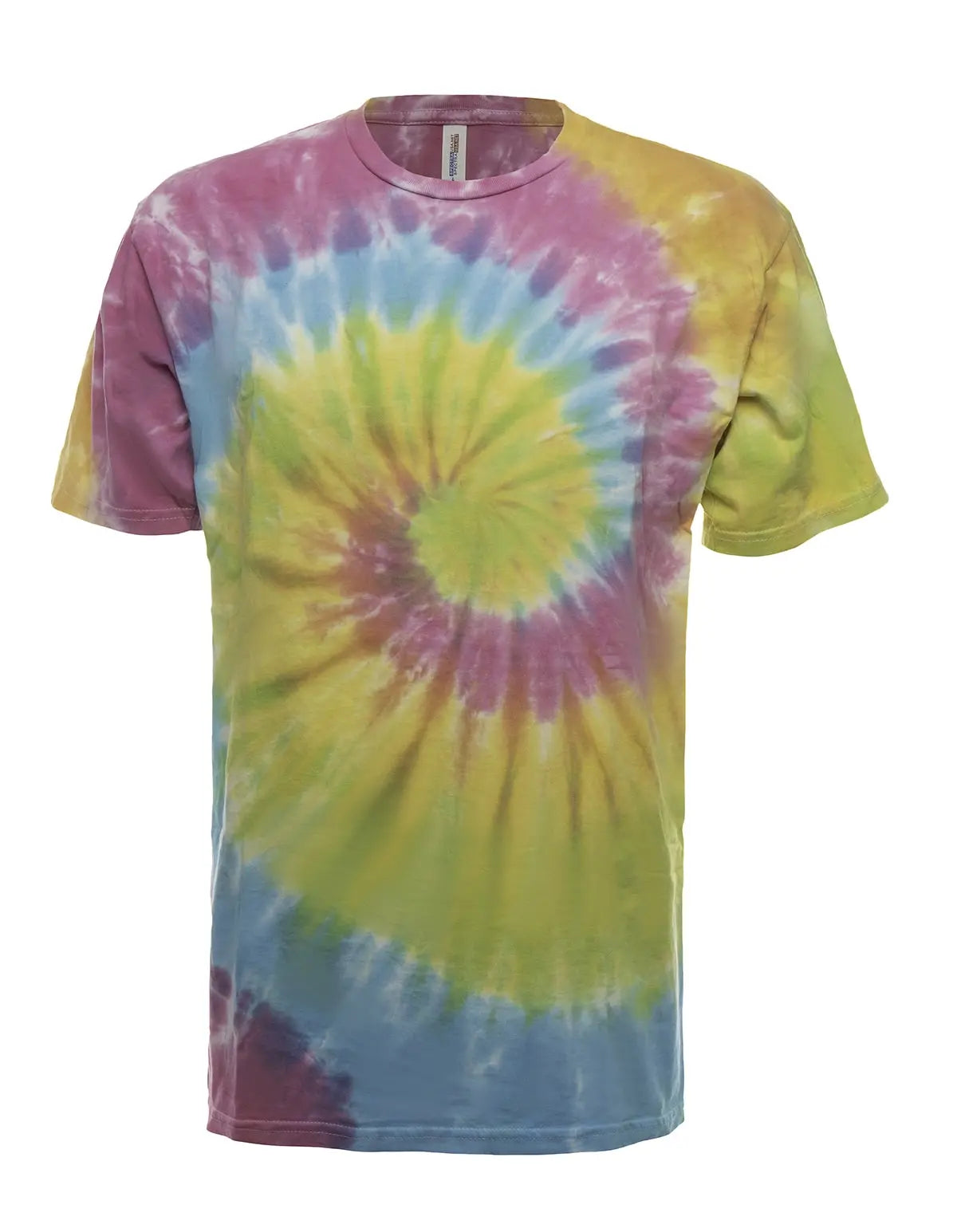 SpectraUSA classic spiral tie-dye tee shirt with vibrant multicolor spiral design, front view on white background.