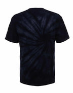 SpectraUSA Midnight Spiral Tie Dye tee displayed from the back with a vibrant spiral design on soft cotton fabric.