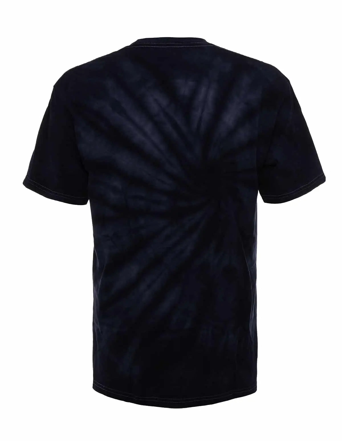 SpectraUSA Midnight Spiral Tie Dye tee displayed from the back with a vibrant spiral design on soft cotton fabric.