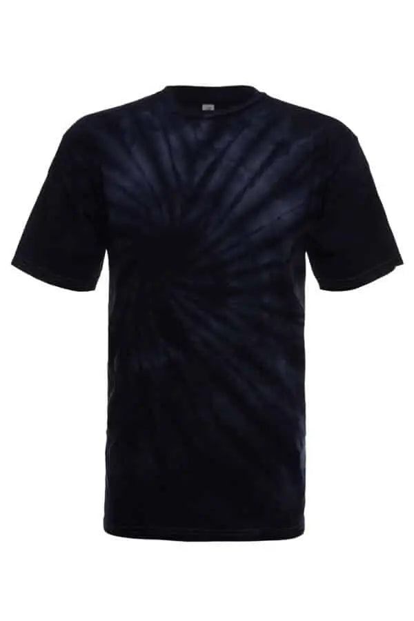 SpectraUSA Midnight Spiral Tie-Dye T-shirt featuring a front view with vibrant spiral patterns on soft cotton fabric.