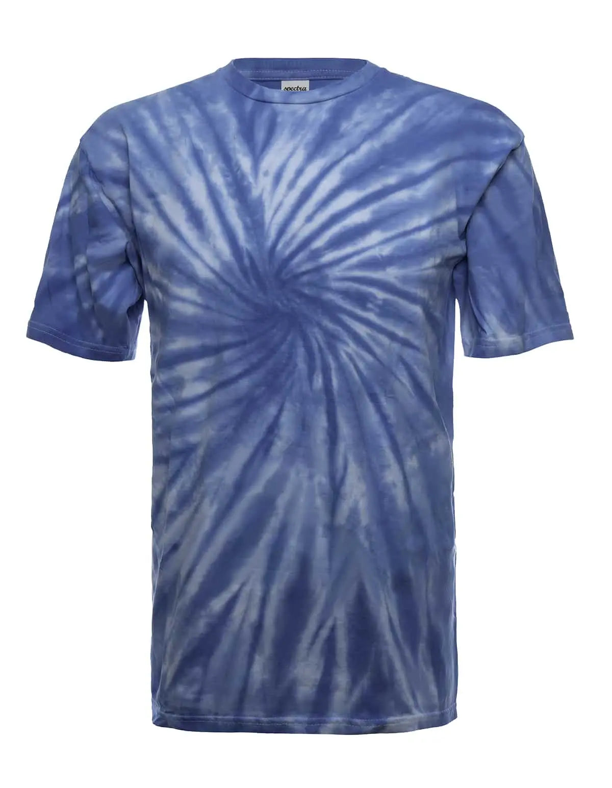 SpectraUSA Sky Single Spiral Tie-Dye T-shirt with vibrant blue and white spiral design, front view.