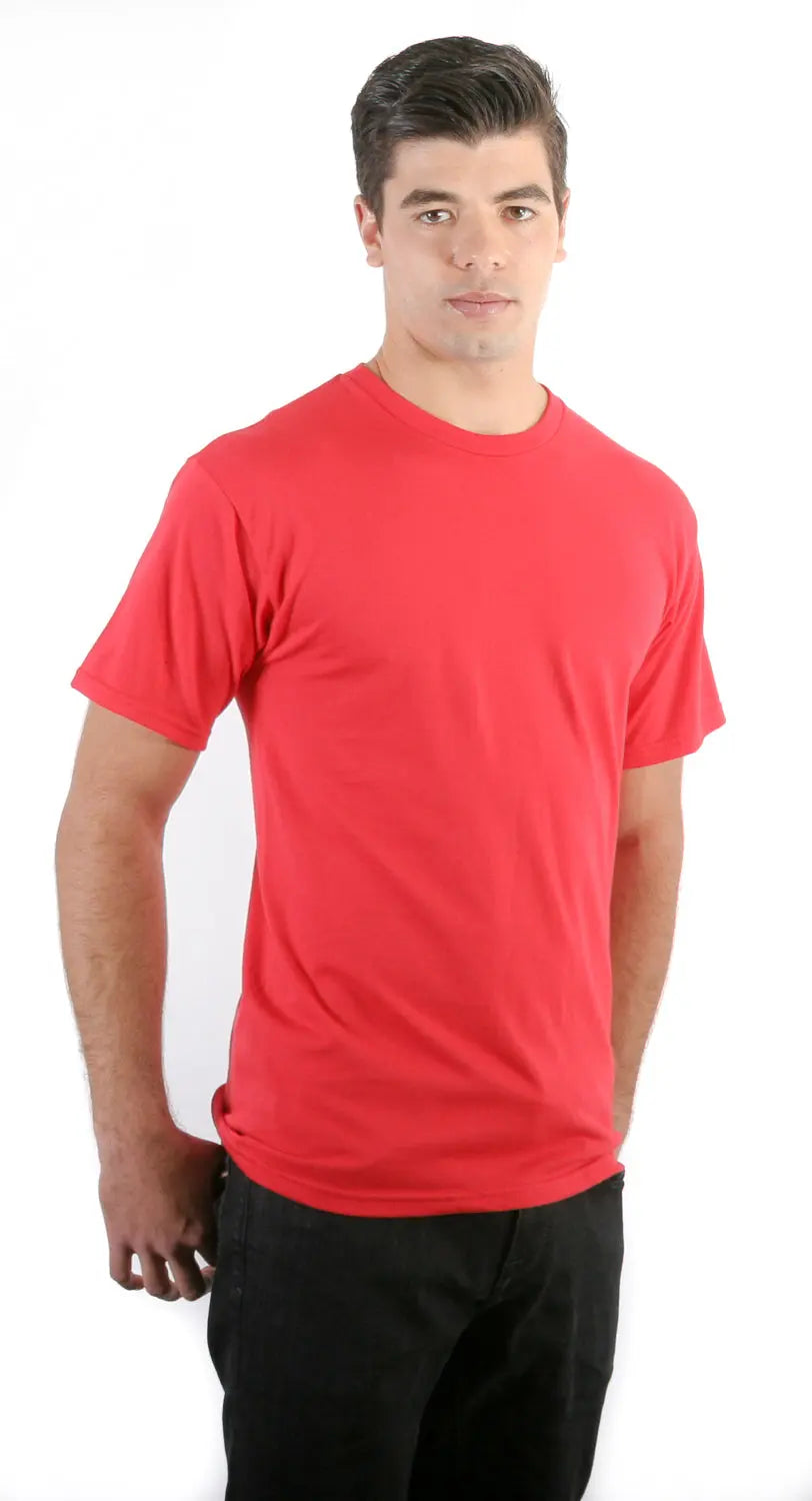 Men's red Retro Ring-Spun Crew Neck T-Shirt by SpectraUSA, shown in profile view.
