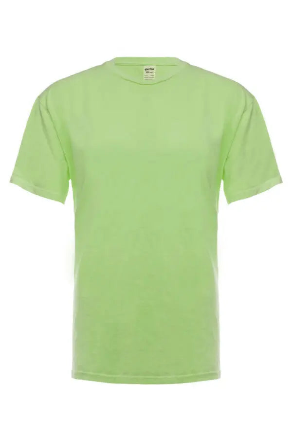 Neon green SpectraUSA garment dye T-shirt displayed from the front, showcasing vibrant color and smooth fabric texture.