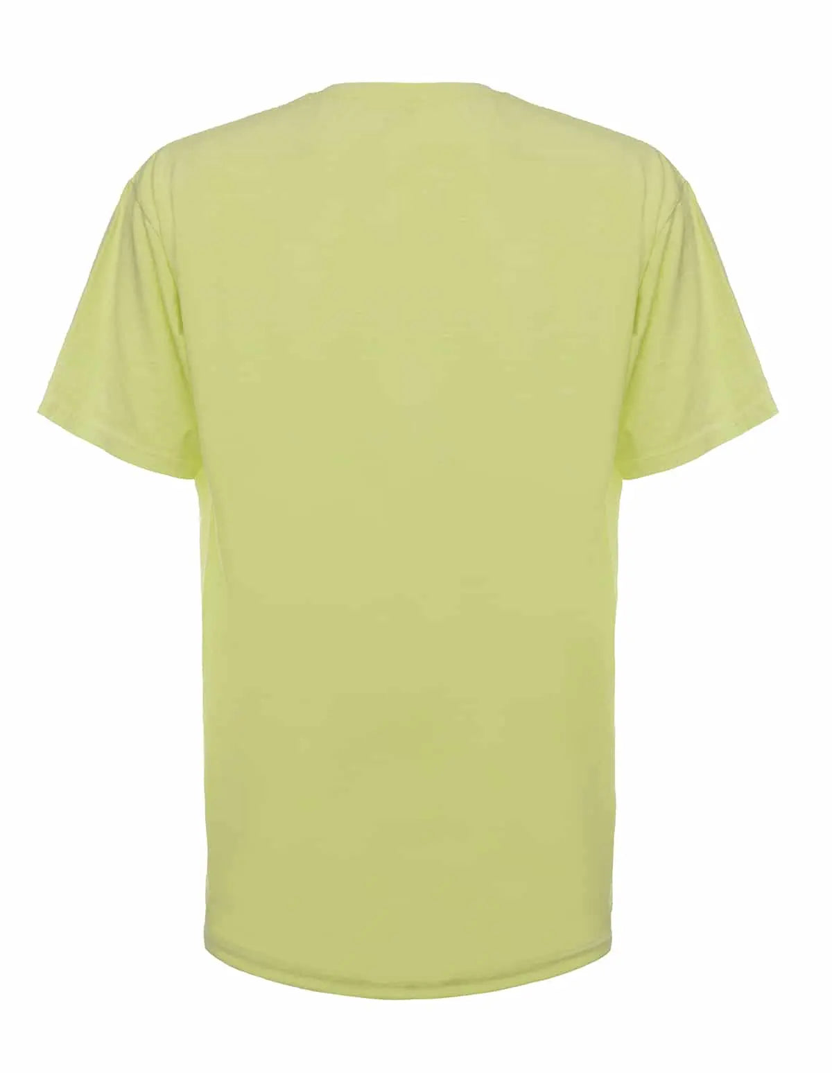 Back view of a neon yellow SpectraUSA T-shirt made with vibrant Neon Yellow Garment Dye, showcasing the bright color and fabric texture.