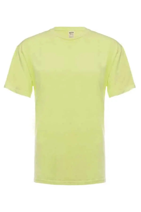 Bright neon yellow SpectraUSA T-shirt made with garment dye, shown from the front on a white background.