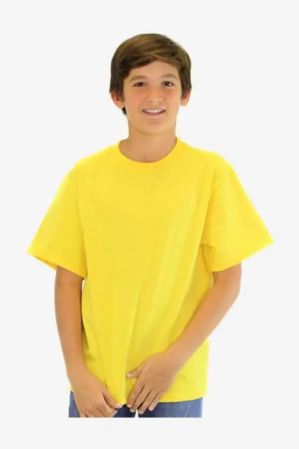 Bright yellow youth crew neck t-shirt by SpectraUSA for kids, featuring a comfortable fit and classic crew neckline.