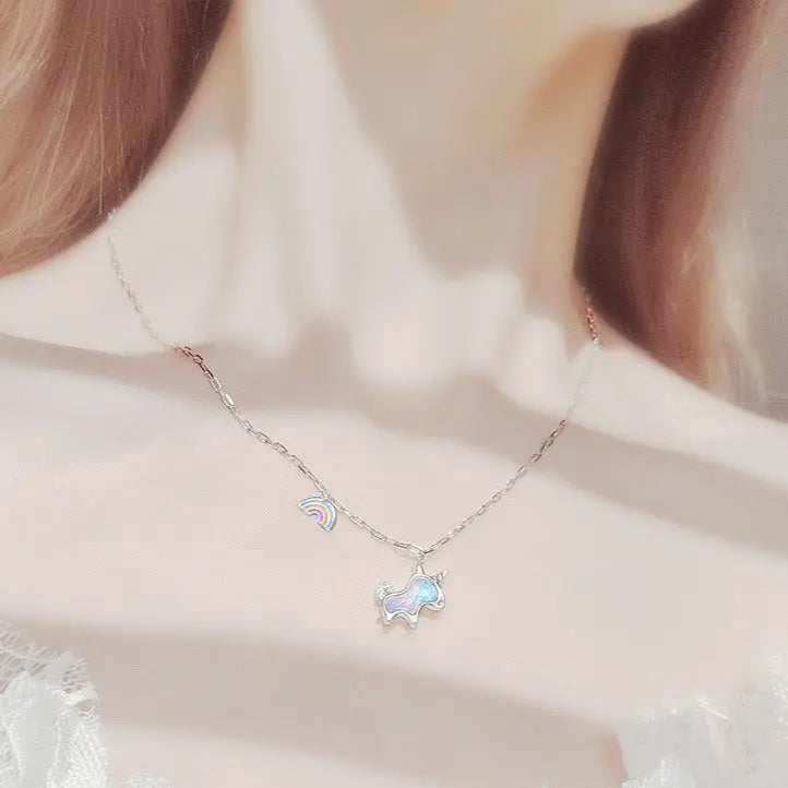 s925 silver fantasy rainbow unicorn necklace women's light luxury high-end collarbone chain nowadaysfashion