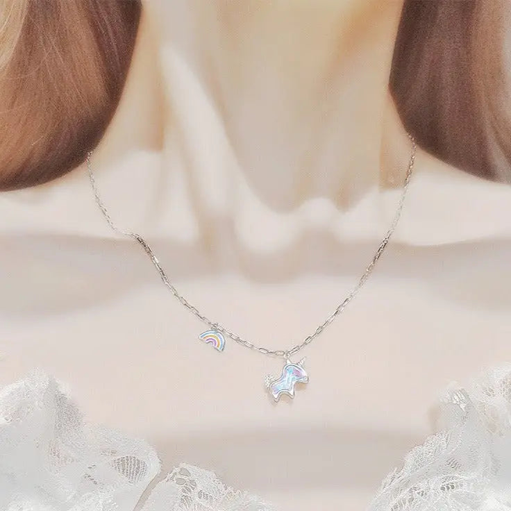 s925 silver fantasy rainbow unicorn necklace women's light luxury high-end collarbone chain nowadaysfashion