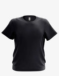Black kid's basic T-shirt from SpectraUSA, front view showing simple crew neck design and soft cotton fabric.