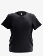 Black kid's basic T-shirt from SpectraUSA, front view showing simple crew neck design and soft cotton fabric.