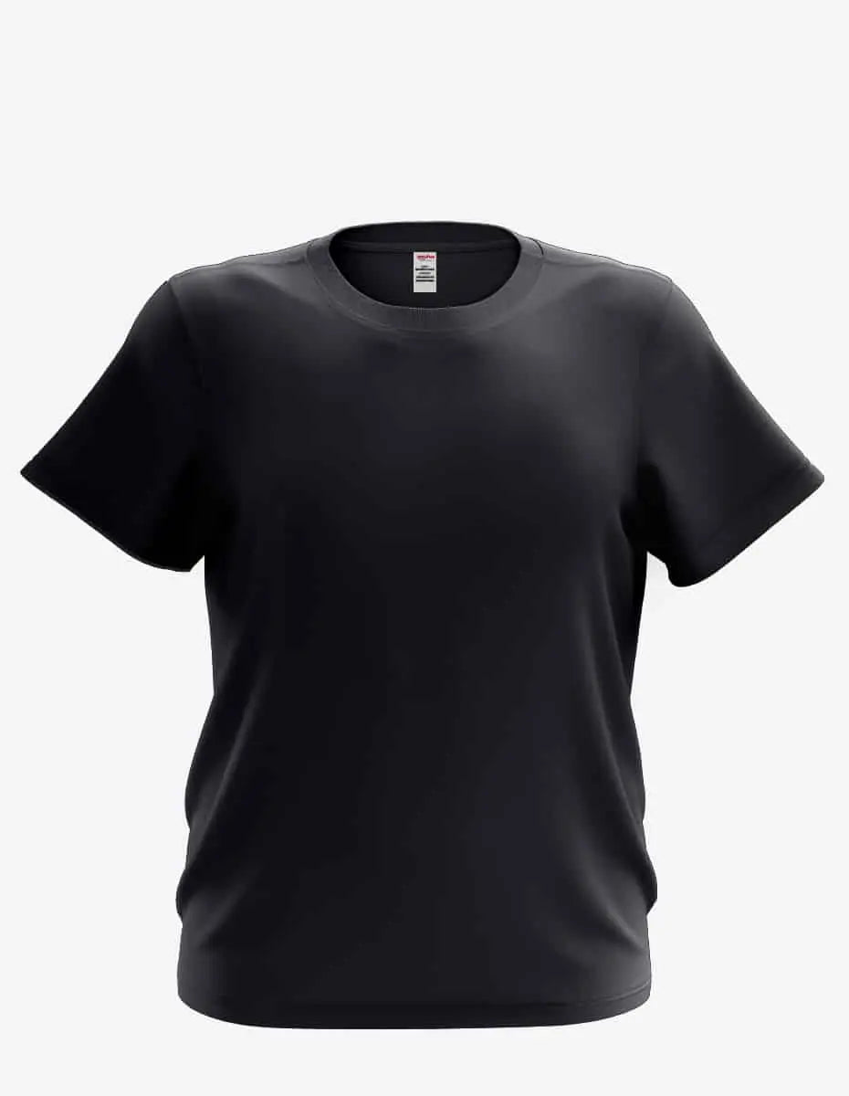 Black kid's basic T-shirt from SpectraUSA, front view showing simple crew neck design and soft cotton fabric.