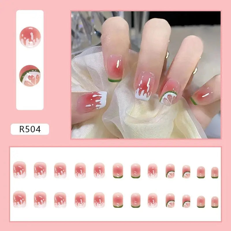 24Pcs/Box Charming Pink Flame Short Fake Nails press on Square Head Full Cover Detachable nowadaysfashion