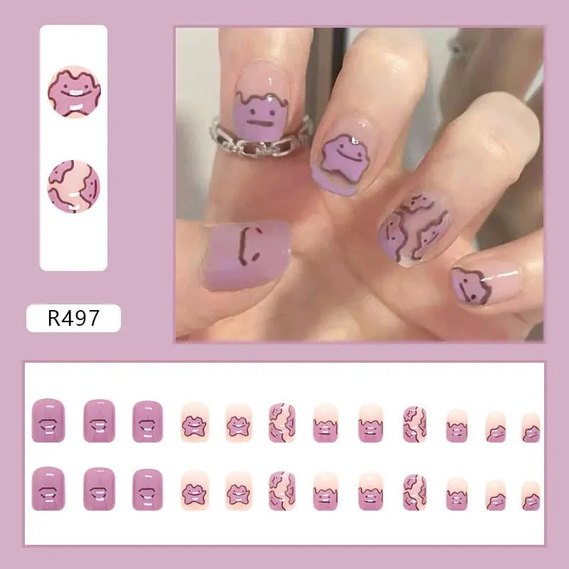 24Pcs/Box Charming Pink Flame Short Fake Nails press on Square Head Full Cover Detachable - Blade & Thread