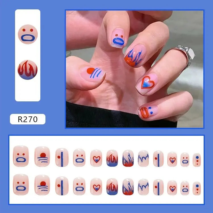 24Pcs/Box Charming Pink Flame Short Fake Nails press on Square Head Full Cover Detachable - Blade & Thread
