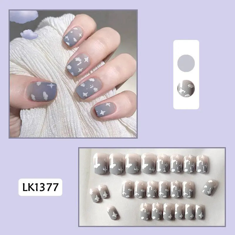 24Pcs/Box Charming Pink Flame Short Fake Nails press on Square Head Full Cover Detachable - Blade & Thread