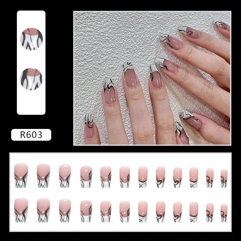 24Pcs/Box Charming Pink Flame Short Fake Nails press on Square Head Full Cover Detachable - Blade & Thread