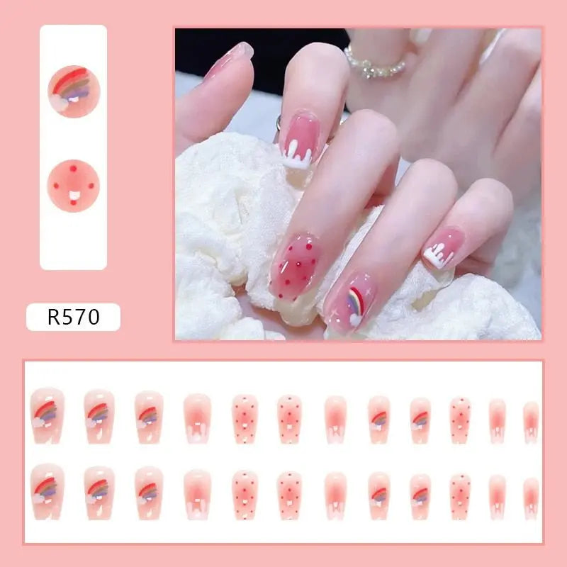 24Pcs/Box Charming Pink Flame Short Fake Nails press on Square Head Full Cover Detachable - Blade & Thread