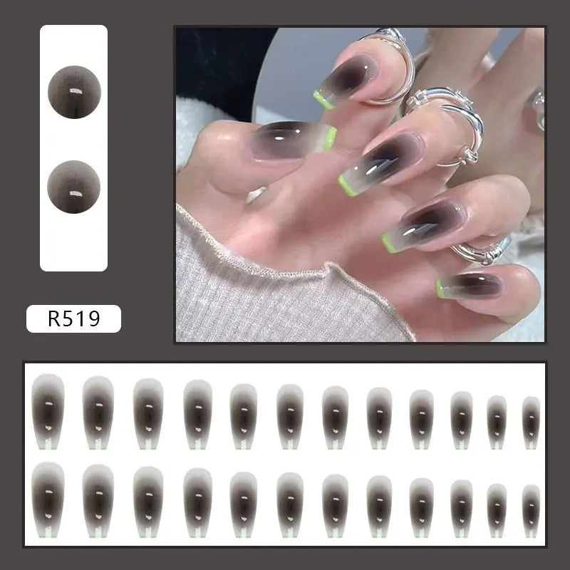 24Pcs/Box Charming Pink Flame Short Fake Nails press on Square Head Full Cover Detachable - Blade & Thread