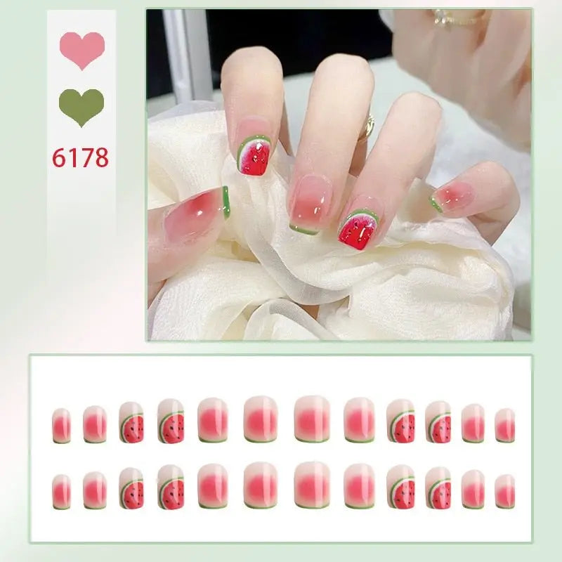 24Pcs/Box Charming Pink Flame Short Fake Nails press on Square Head Full Cover Detachable - Blade & Thread