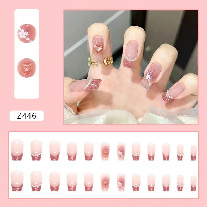 24Pcs/Box Charming Pink Flame Short Fake Nails press on Square Head Full Cover Detachable - Blade & Thread