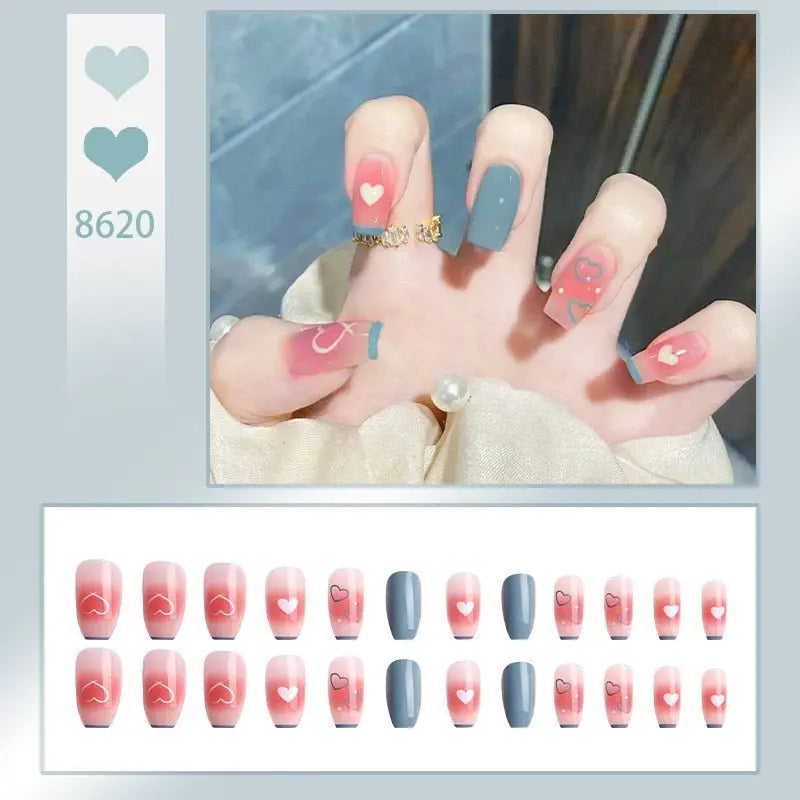 24Pcs/Box Charming Pink Flame Short Fake Nails press on Square Head Full Cover Detachable - Blade & Thread