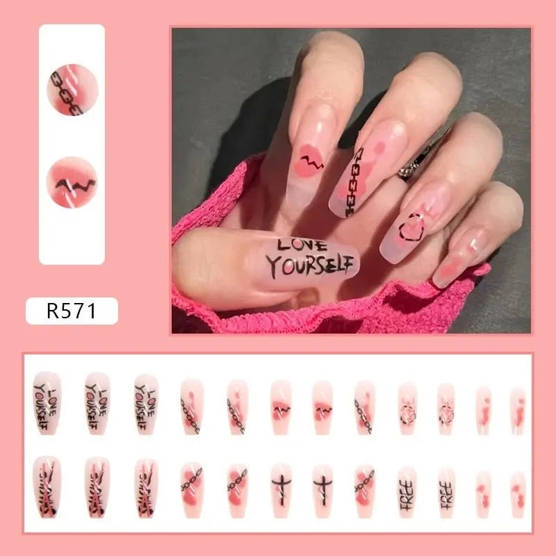 24Pcs/Box Charming Pink Flame Short Fake Nails press on Square Head Full Cover Detachable - Blade & Thread