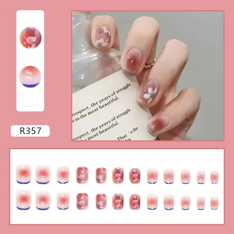 24Pcs/Box Charming Pink Flame Short Fake Nails press on Square Head Full Cover Detachable - Blade & Thread