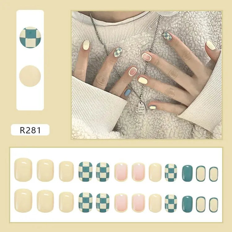 24Pcs/Box Charming Pink Flame Short Fake Nails press on Square Head Full Cover Detachable - Blade & Thread