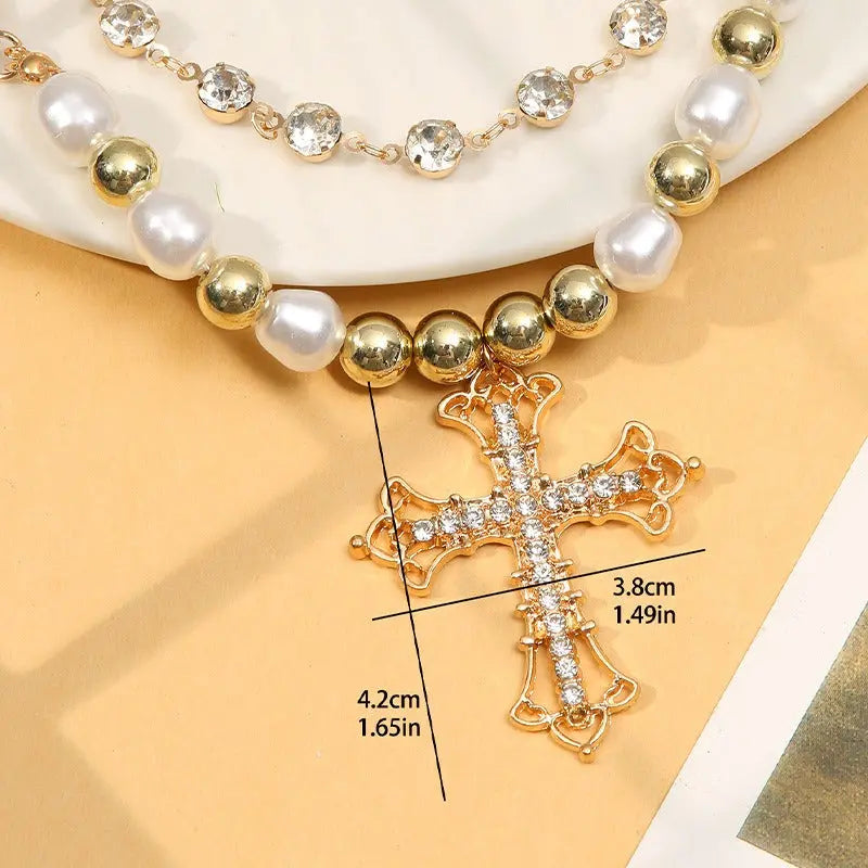 Bling Cross Pendant Necklaces for Women Girl Gift Wedding Neck Jewelry Goth Pearl Necklace nowadaysfashion
