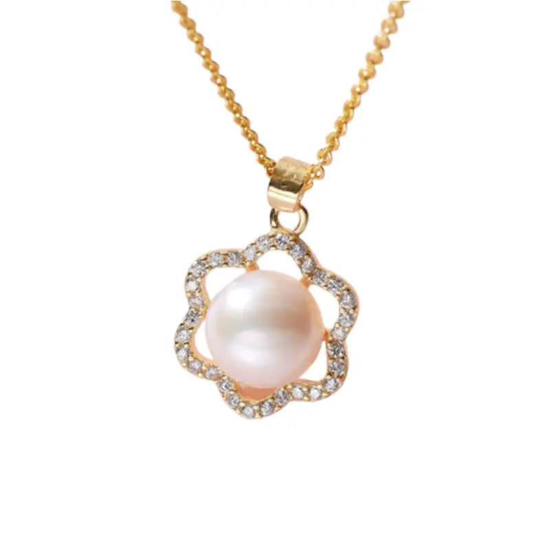 Pearl White Natural Freshwater 8-9mm Silver Gold Plated Flower Zirconia Pendants Necklaces nowadaysfashion