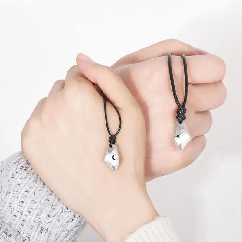 2Pcs Lovers Matching Friendship Faceted Sun Moon Pendant Couple Magnetic Necklace Jewelry - Blade & Thread