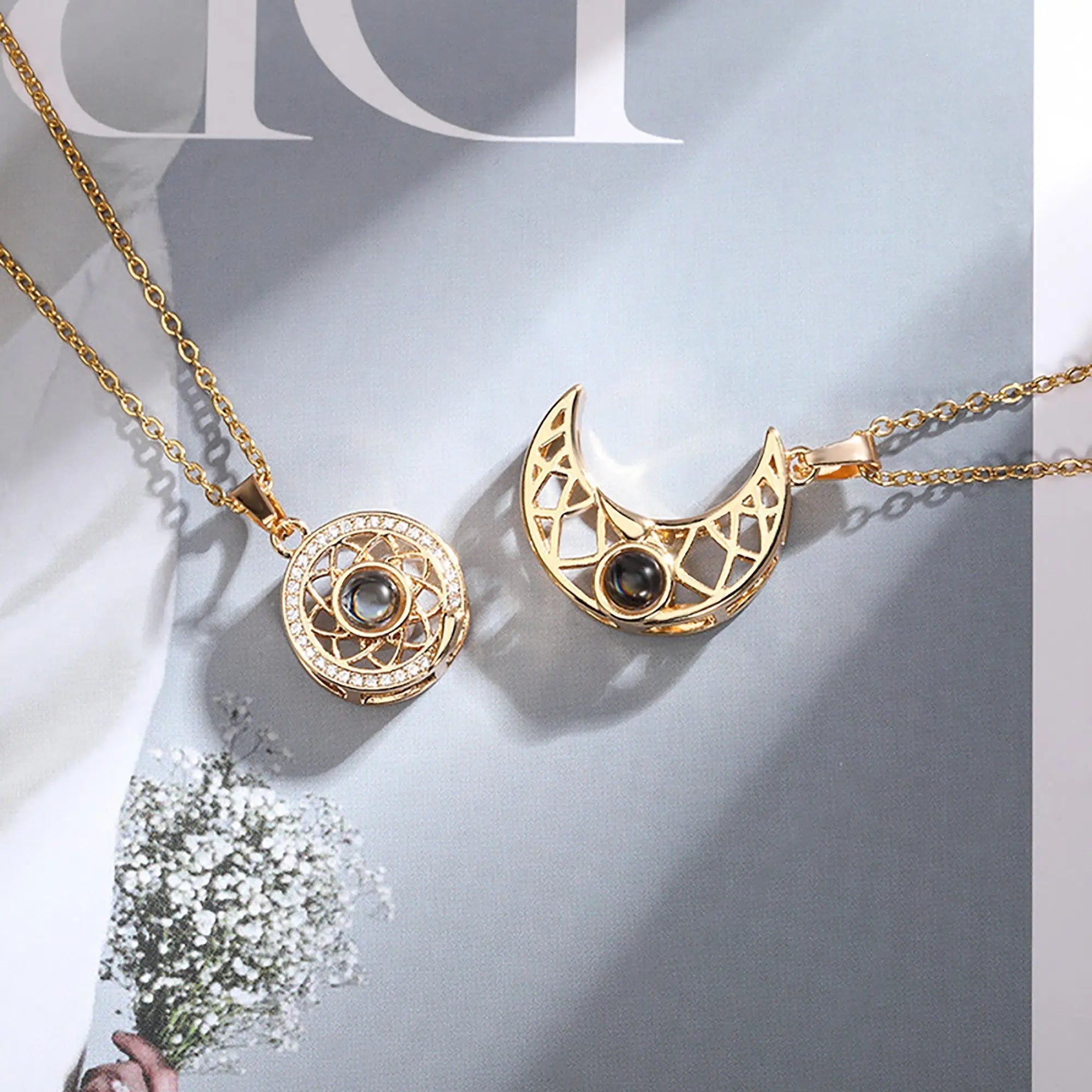 2pcs Personalized Sun Moon Couple Necklace Customized Photo Projection Pendant nowadaysfashion