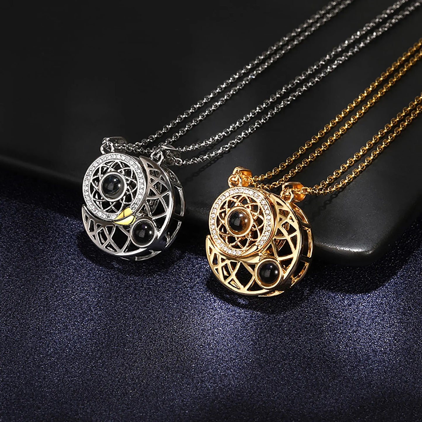 2pcs Personalized Sun Moon Couple Necklace Customized Photo Projection Pendant - Blade & Thread