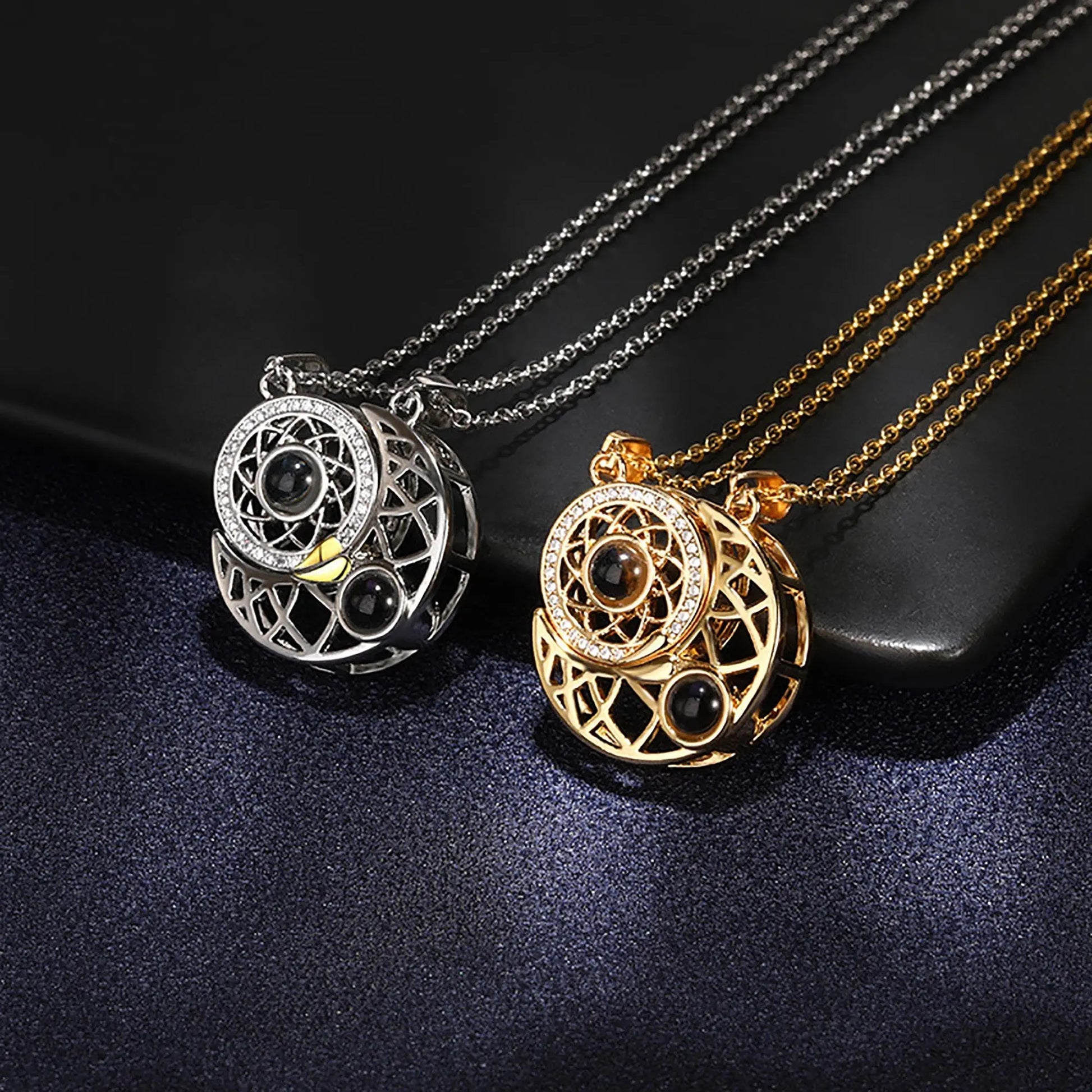 2pcs Personalized Sun Moon Couple Necklace Customized Photo Projection Pendant - Blade & Thread