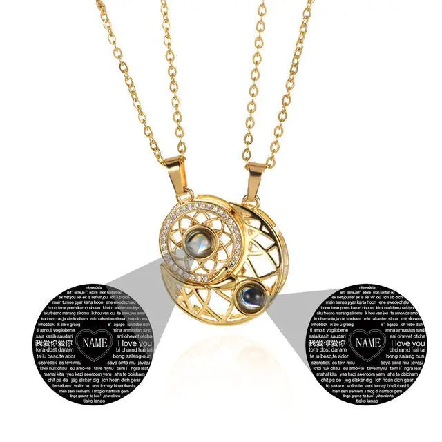 2pcs Personalized Sun Moon Couple Necklace Customized Photo Projection Pendant - Blade & Thread