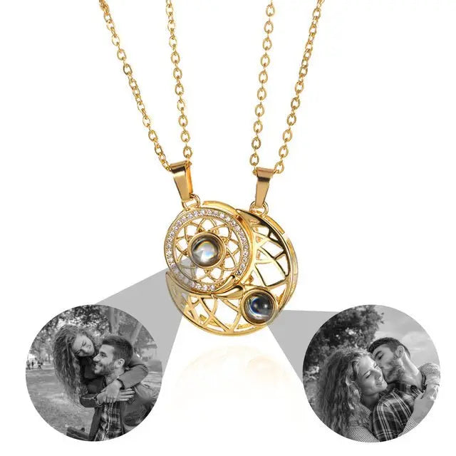 2pcs Personalized Sun Moon Couple Necklace Customized Photo Projection Pendant - Blade & Thread