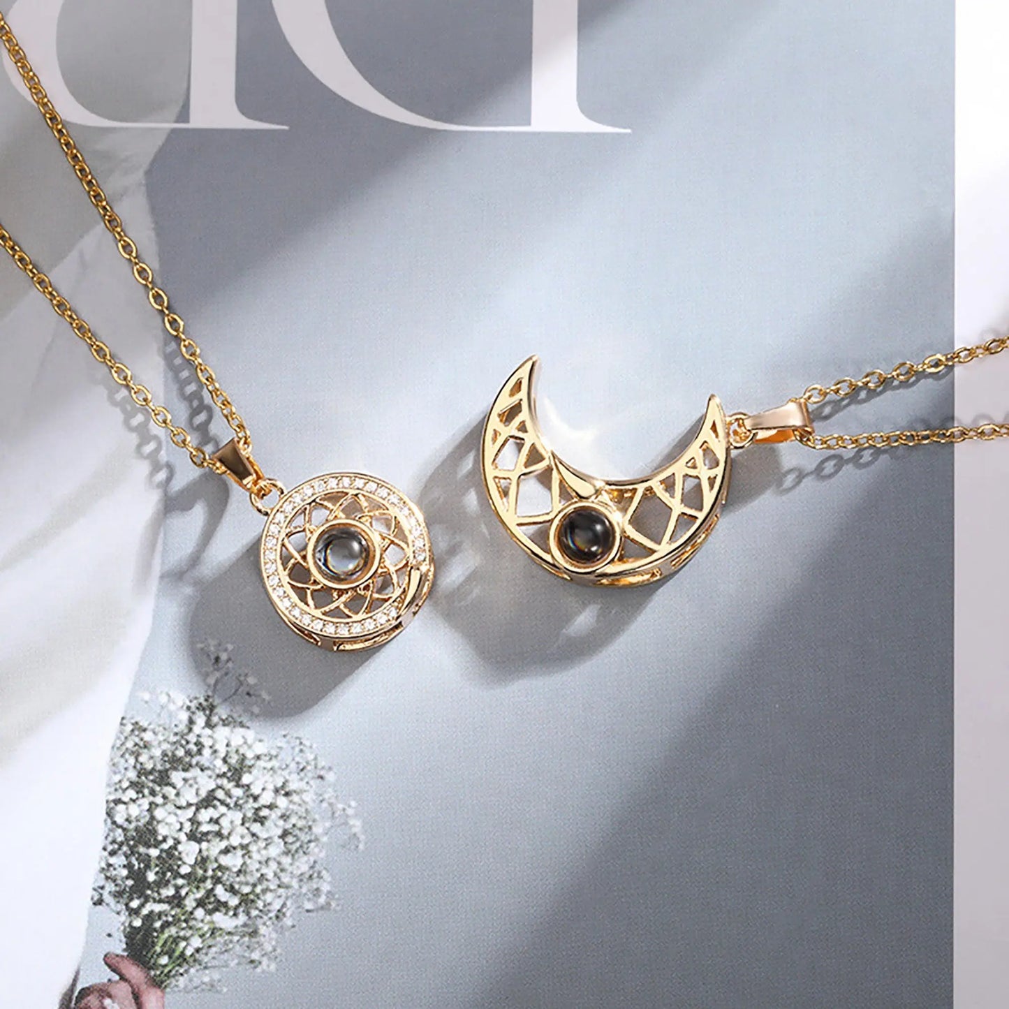 2pcs Personalized Sun Moon Couple Necklace Customized Photo Projection Pendant - Blade & Thread