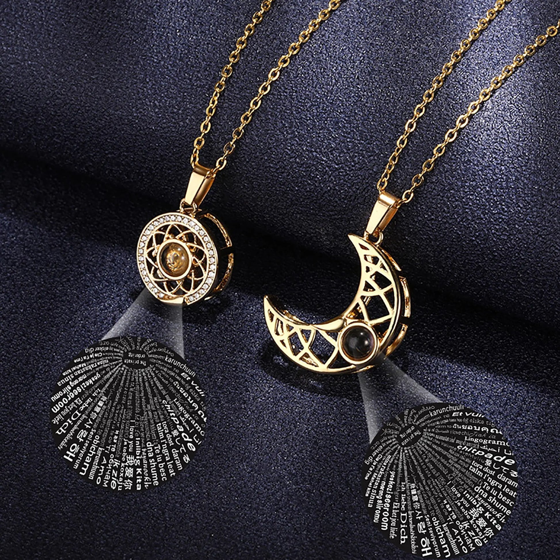 2pcs Personalized Sun Moon Couple Necklace Customized Photo Projection Pendant - Blade & Thread
