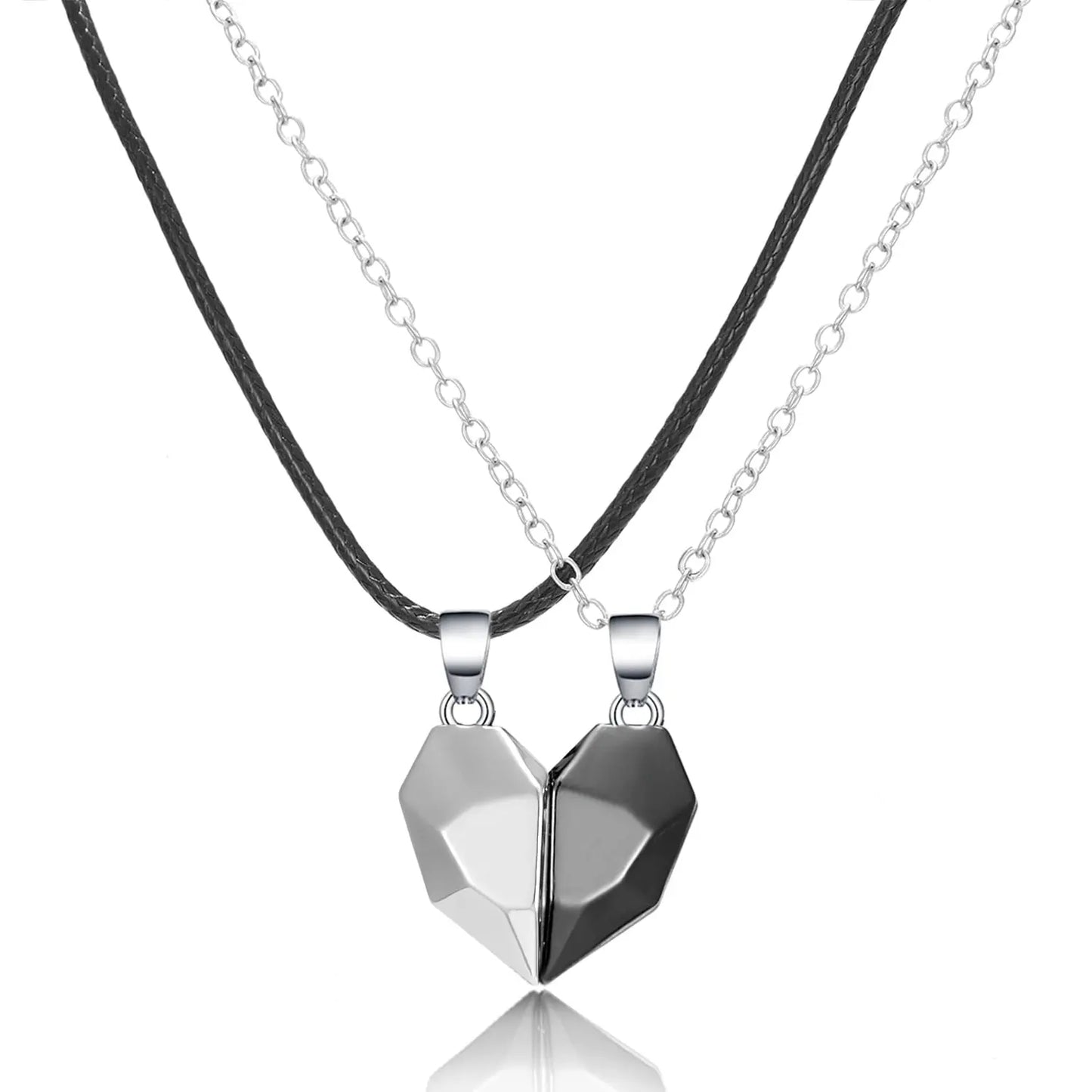 2Pcs Punk Heart Pendant Couple Necklace Lover Distance Faceted Magnetic Necklace - Blade & Thread