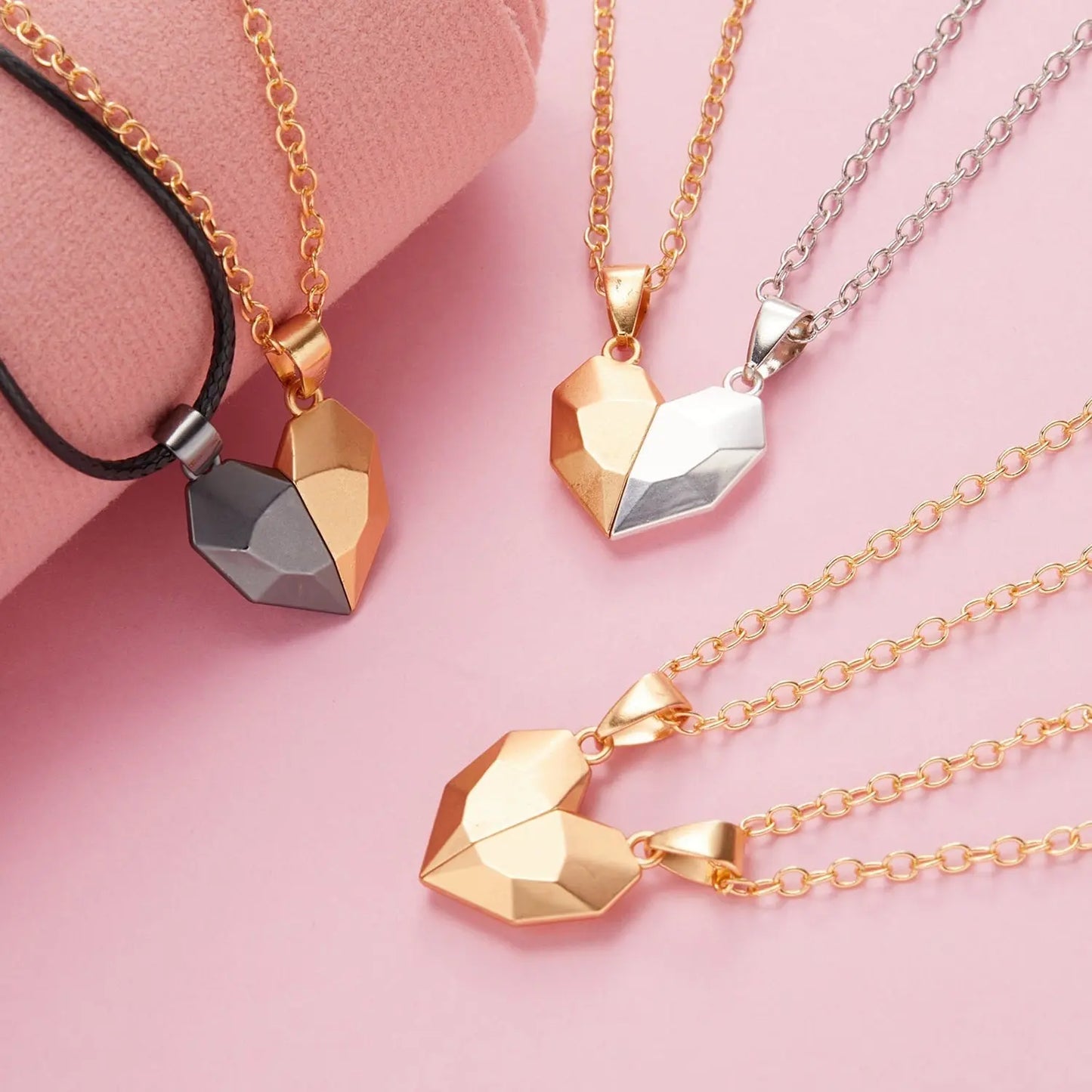 2Pcs Punk Heart Pendant Couple Necklace Lover Distance Faceted Magnetic Necklace - Blade & Thread