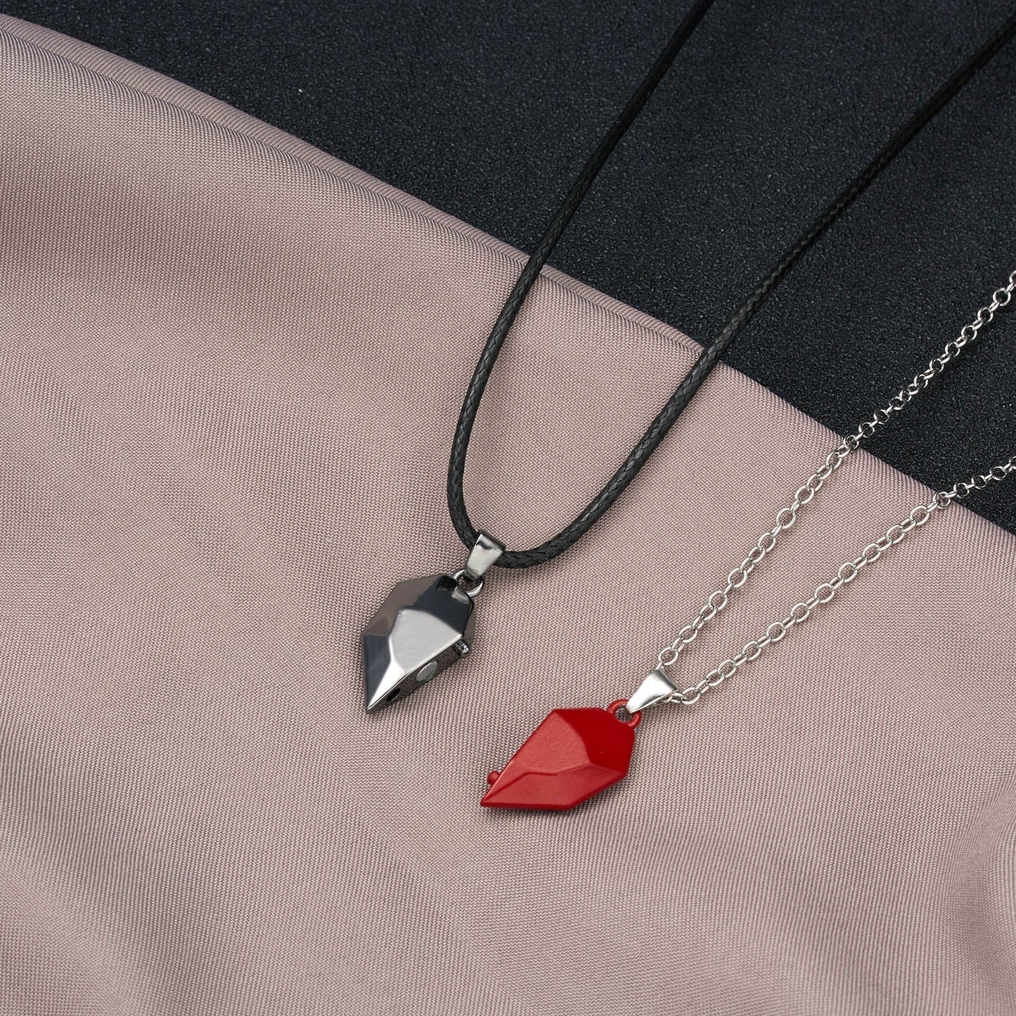 2Pcs Punk Heart Pendant Couple Necklace Lover Distance Faceted Magnetic Necklace - Blade & Thread