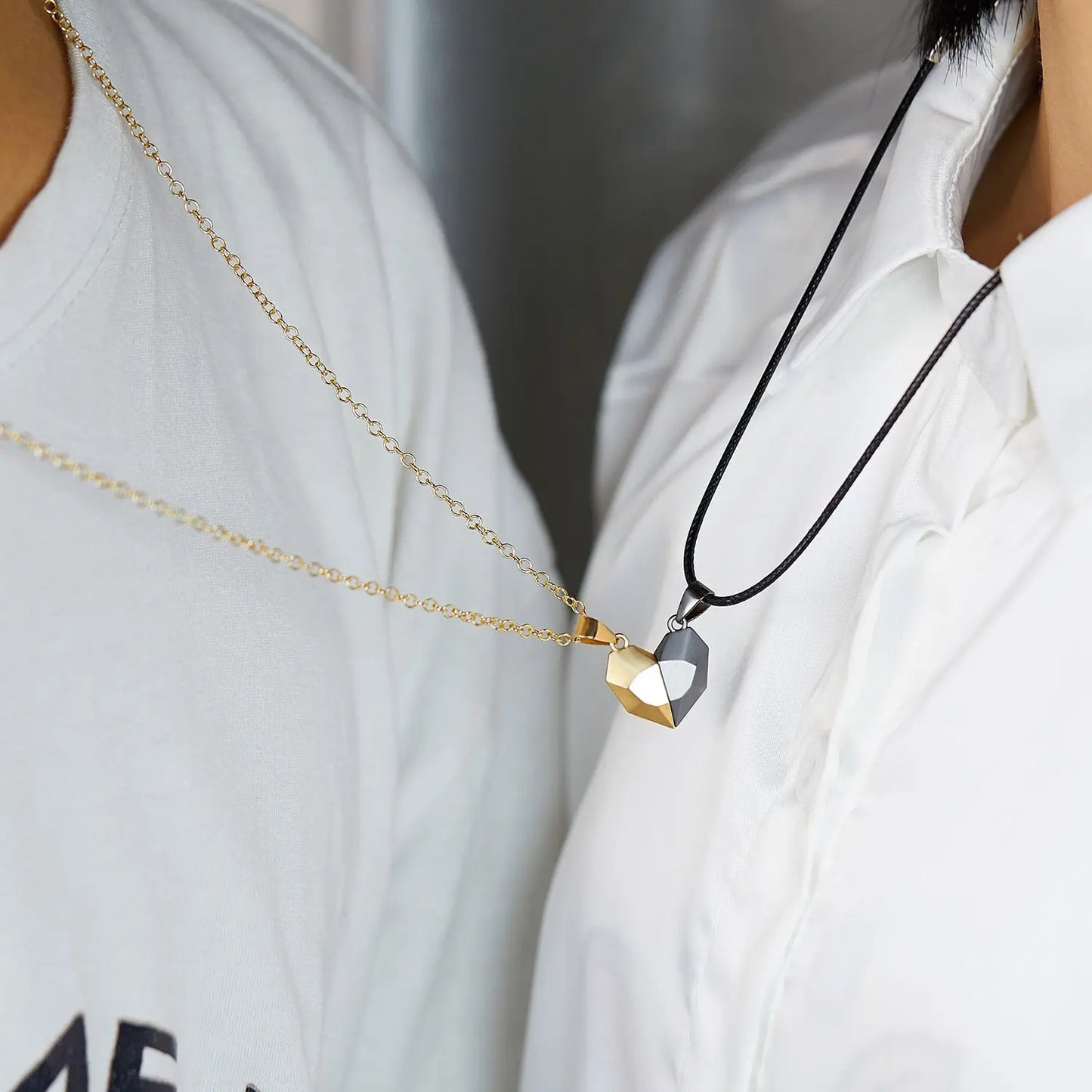 2Pcs Punk Heart Pendant Couple Necklace Lover Distance Faceted Magnetic Necklace - Blade & Thread