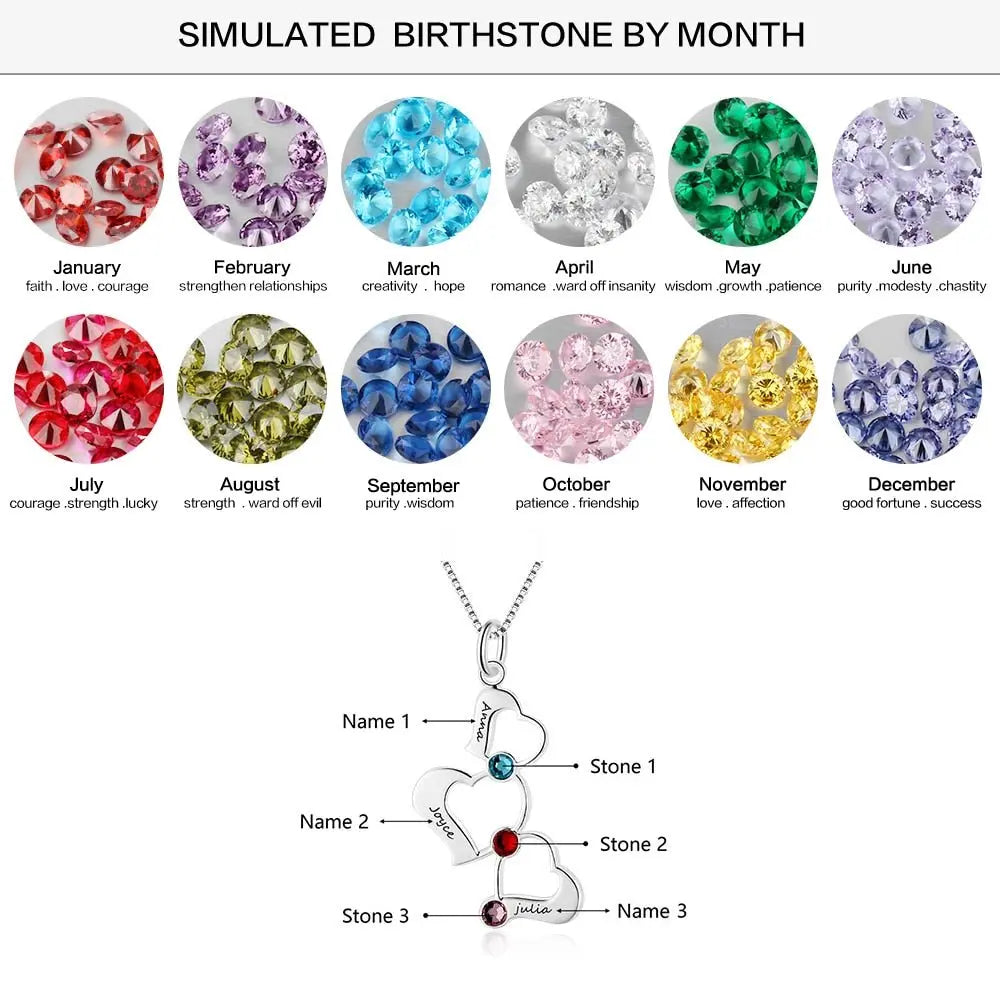 3 Heart Hollow Design Personalized Engrave Name Necklace Birthstone Pendants - Blade & Thread