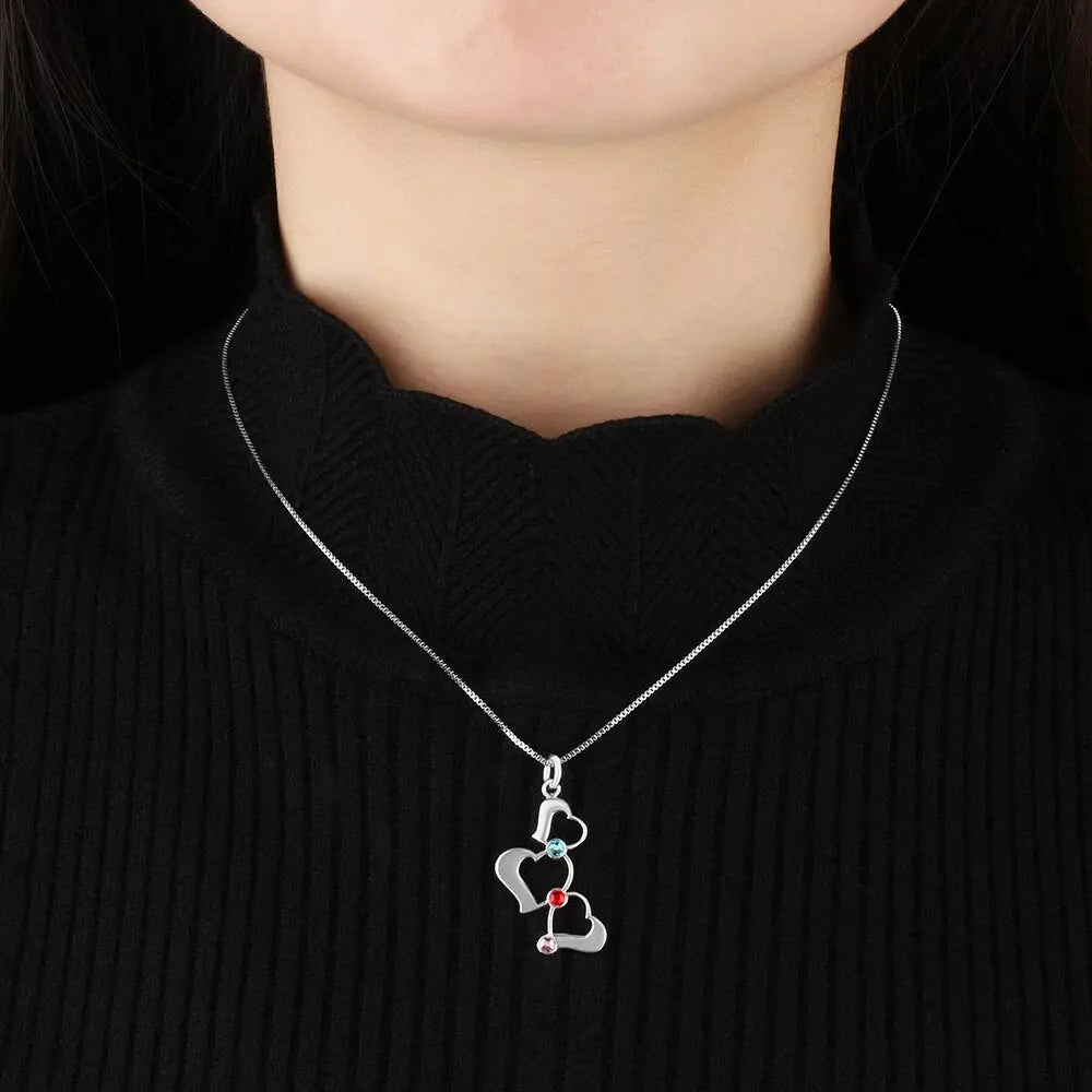 3 Heart Hollow Design Personalized Engrave Name Necklace Birthstone Pendants - Blade & Thread